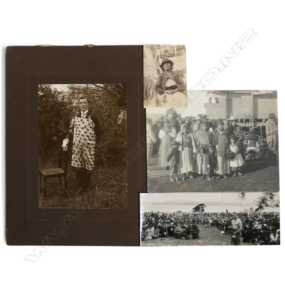 4 EARLY NZ Māori  PHOTOGRAPHS: Albumen print Māori woman + European ? man wearing cloak + 2 groups Image 1++